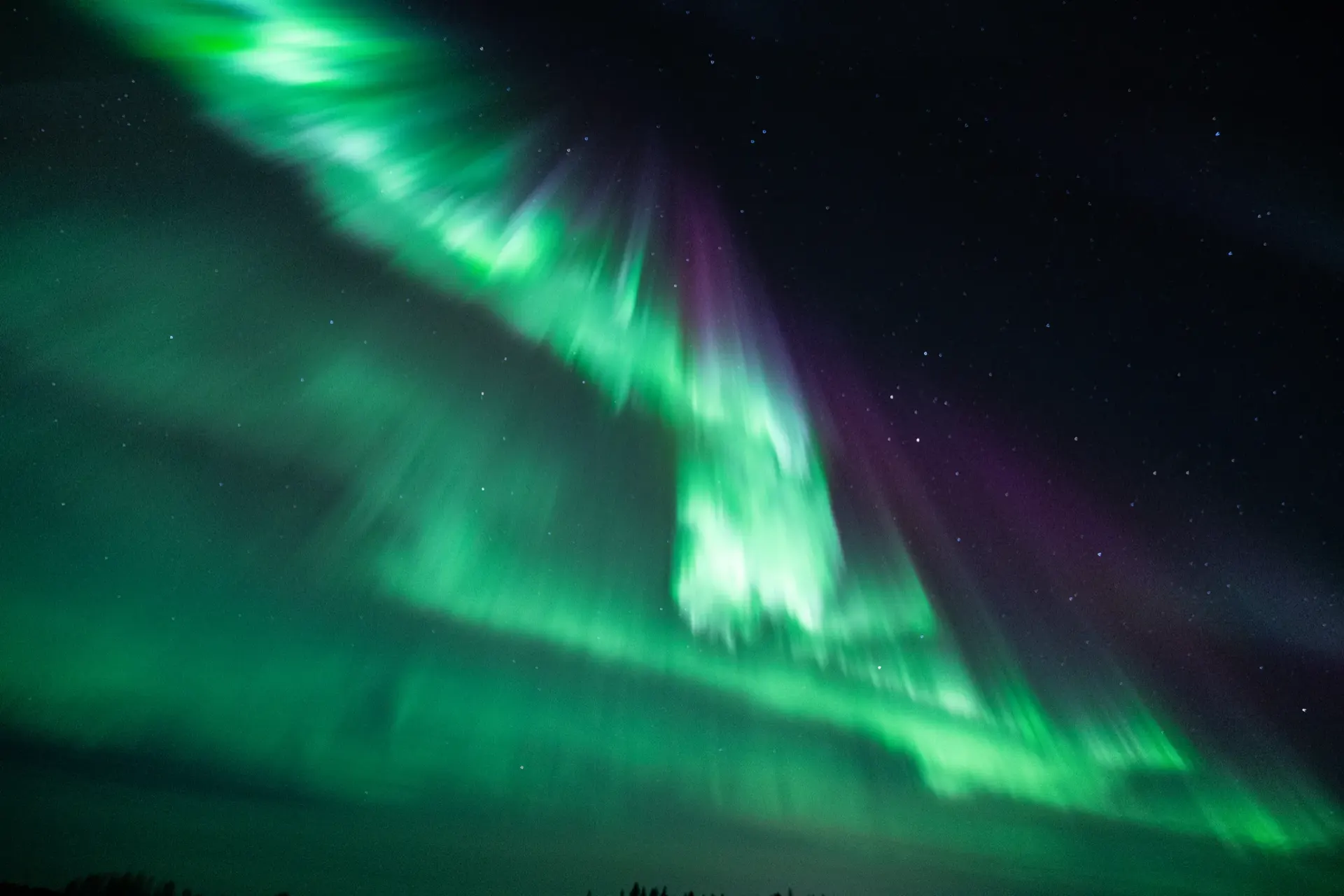 Green and purple aurora over Lapland on a guaranteed Northern Lights tour